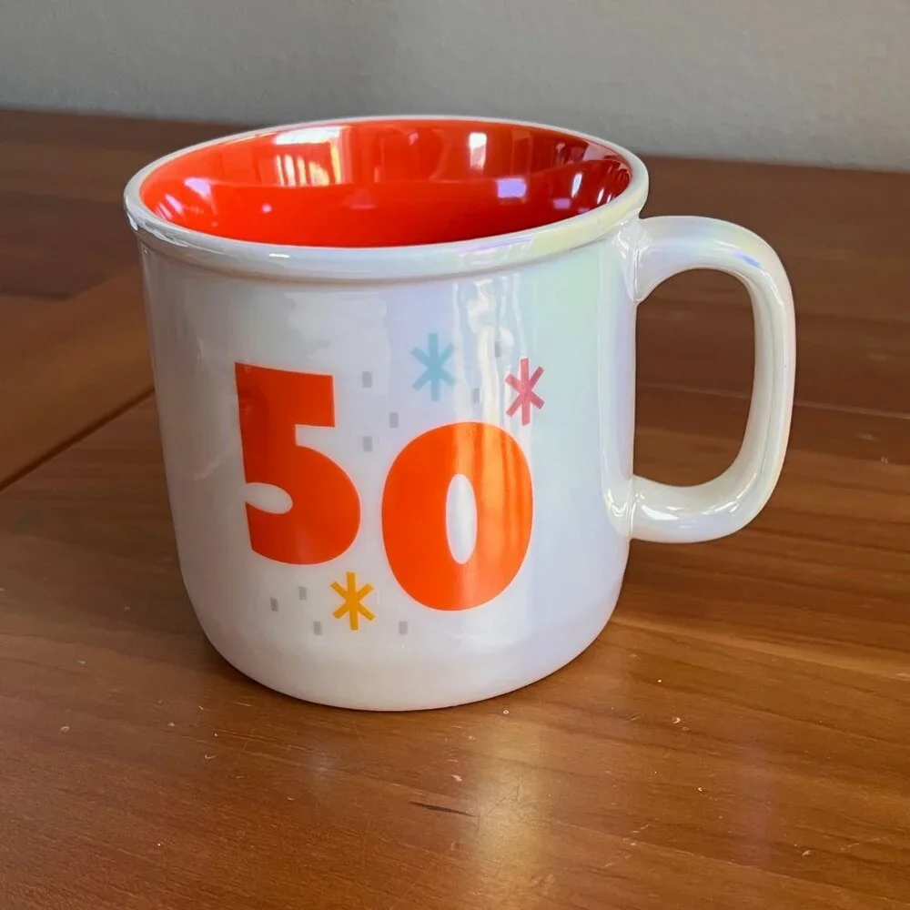 Hallmark 50th Retro Birthday Mug, Pearlescent White and Orange, Coffee Mug